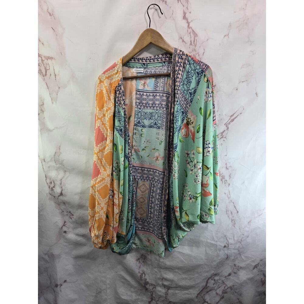 Anthropologie Kimono Womens Green Orange Topper Wrap Cardigan Rayon One Size - Picture 2 of 14